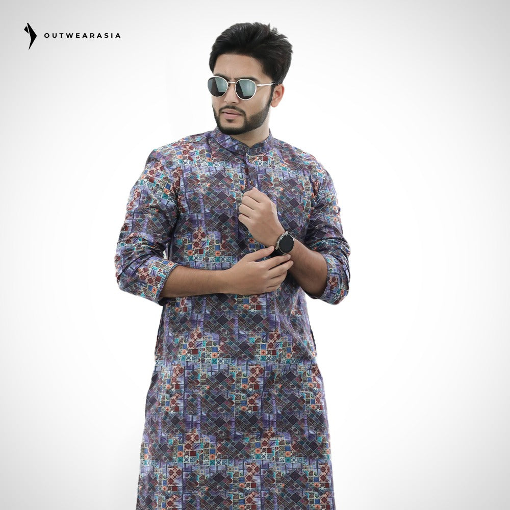 Teal Digital Printed Cotton Panjabi | Outwear - D23