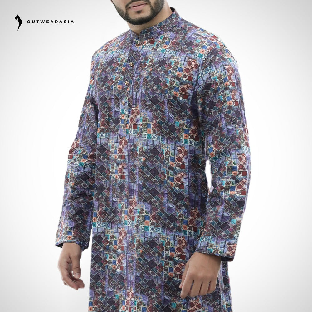Teal Digital Printed Cotton Panjabi | Outwear - D23