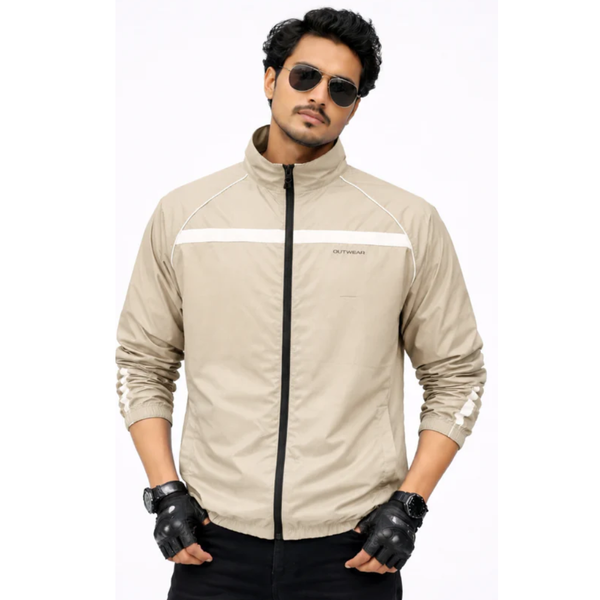 Printed Reflective, More Elasticity RIB & Raglan Collar Windbreaker- Gusty Beige