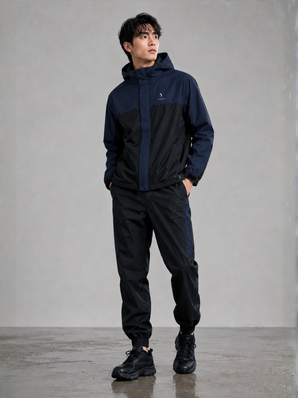 Men’s Waterproof Hooded Raincoat Set Black & Navy