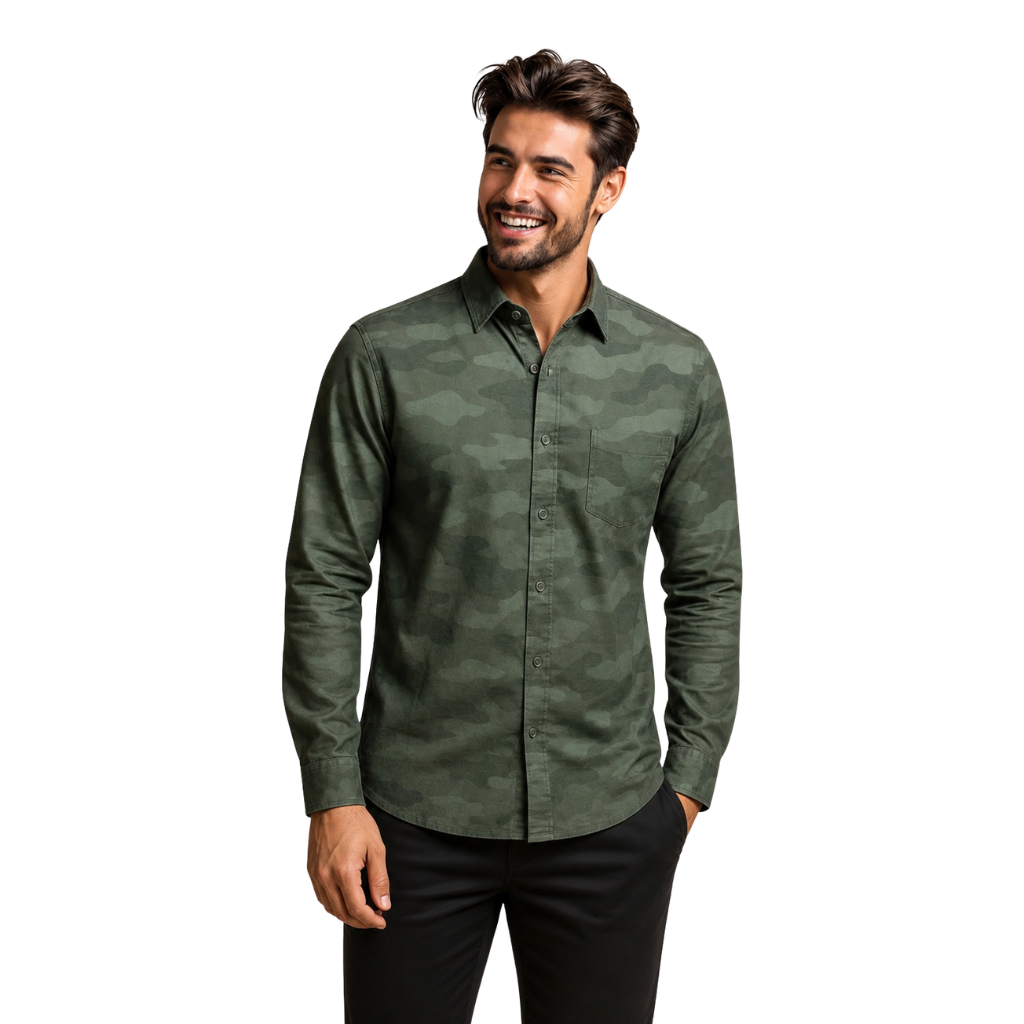 Men's Full Sleeve Camo Print Shirt - Army Green Casual Shirt for Men