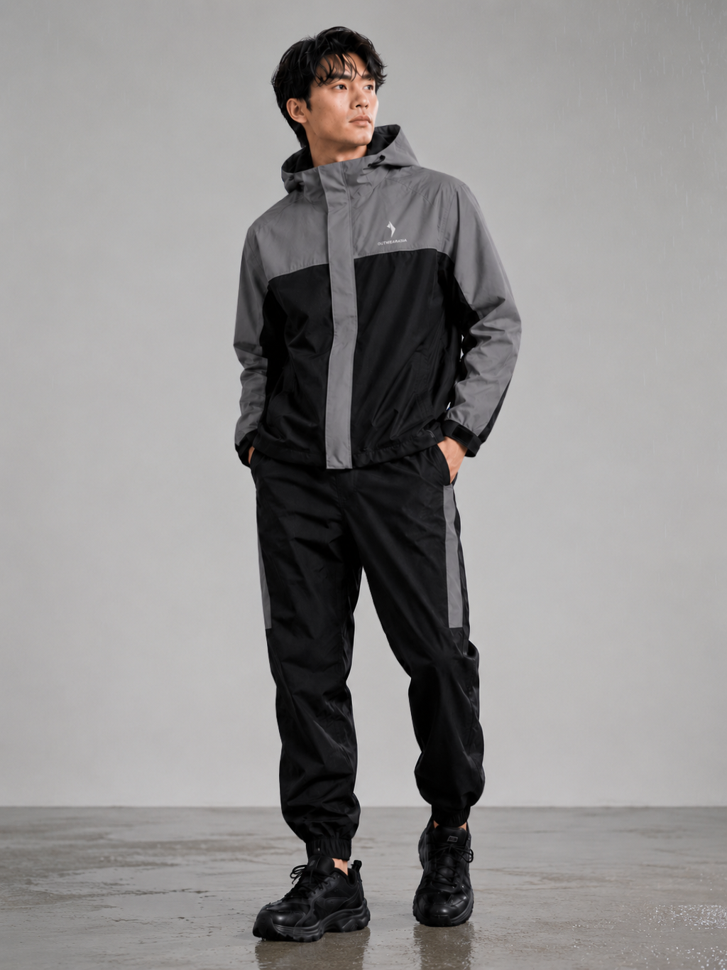Men’s Waterproof Hooded Raincoat Set Black & Ash