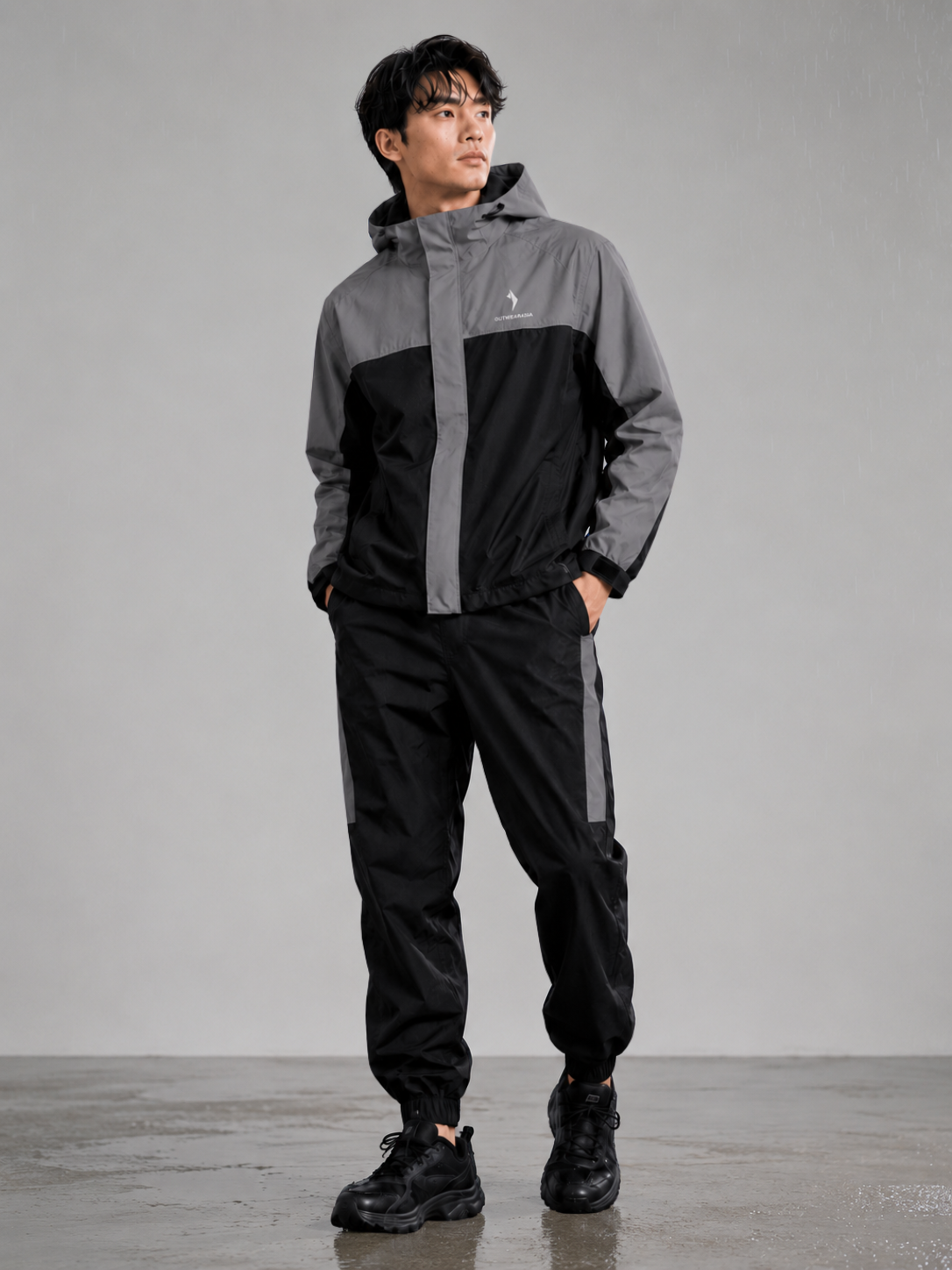 Men’s Waterproof Hooded Raincoat Set Black & Ash