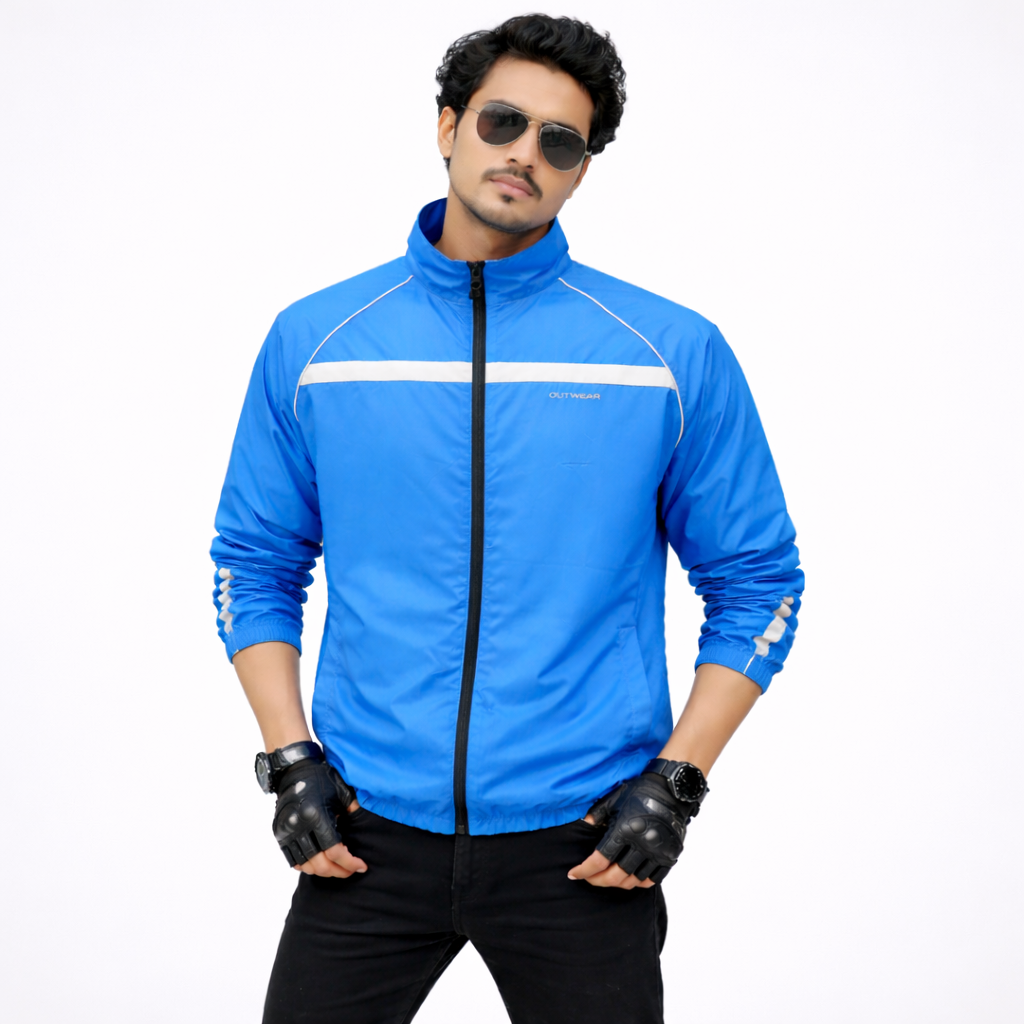 Premium Biker Windbreaker for Men’s With Printed Reflective, More Elasticity RIB & Raglan Collar- Gusty Sky Blue