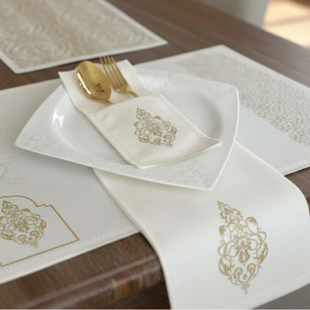 Luxury Ivory & Gold Damask Table Linen Set – Elegant Runner, Placemats & Cutlery Holder