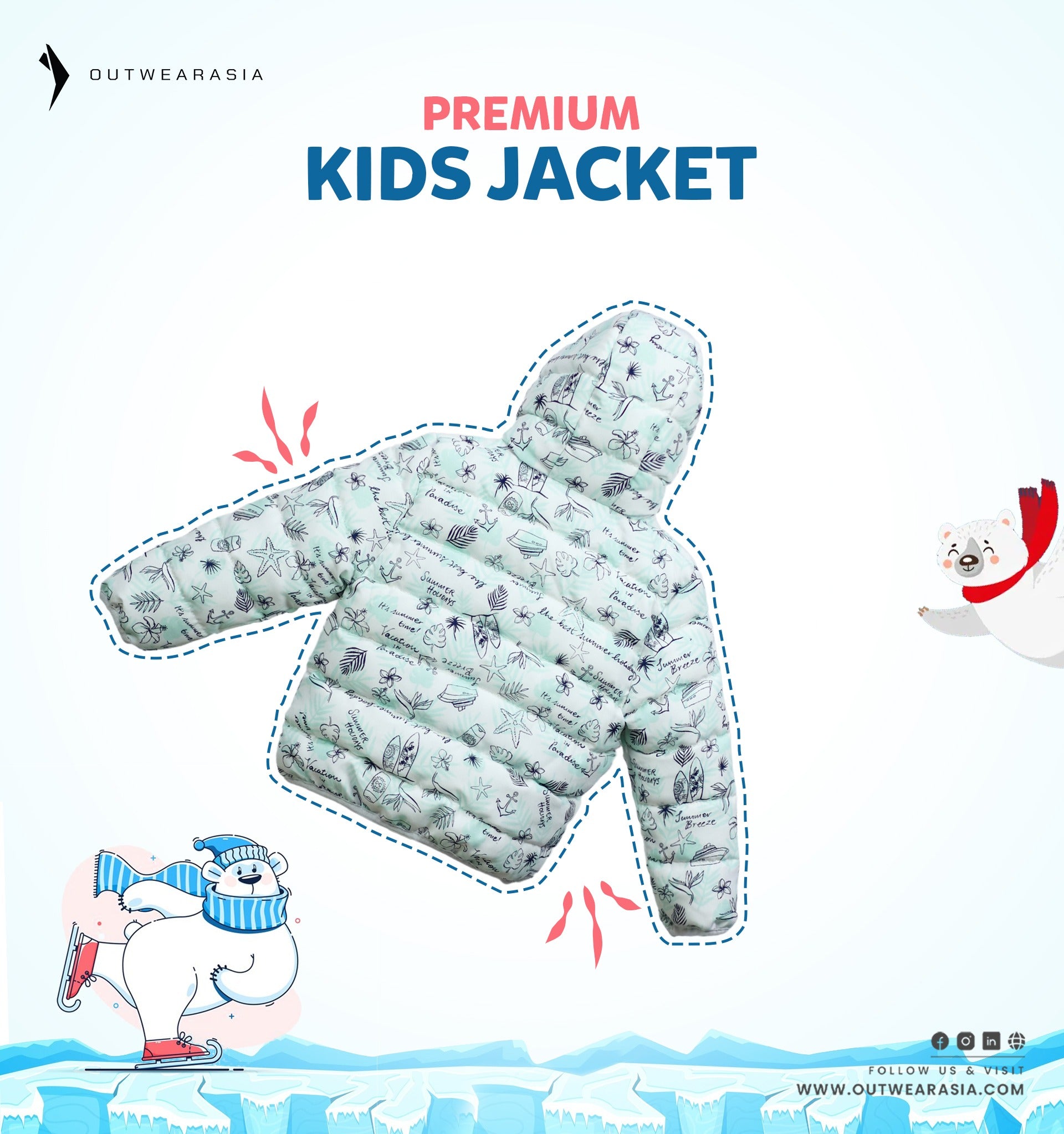 Kid's High Quality Premium Padding Jacket - Toddler White & Sky Blue Print