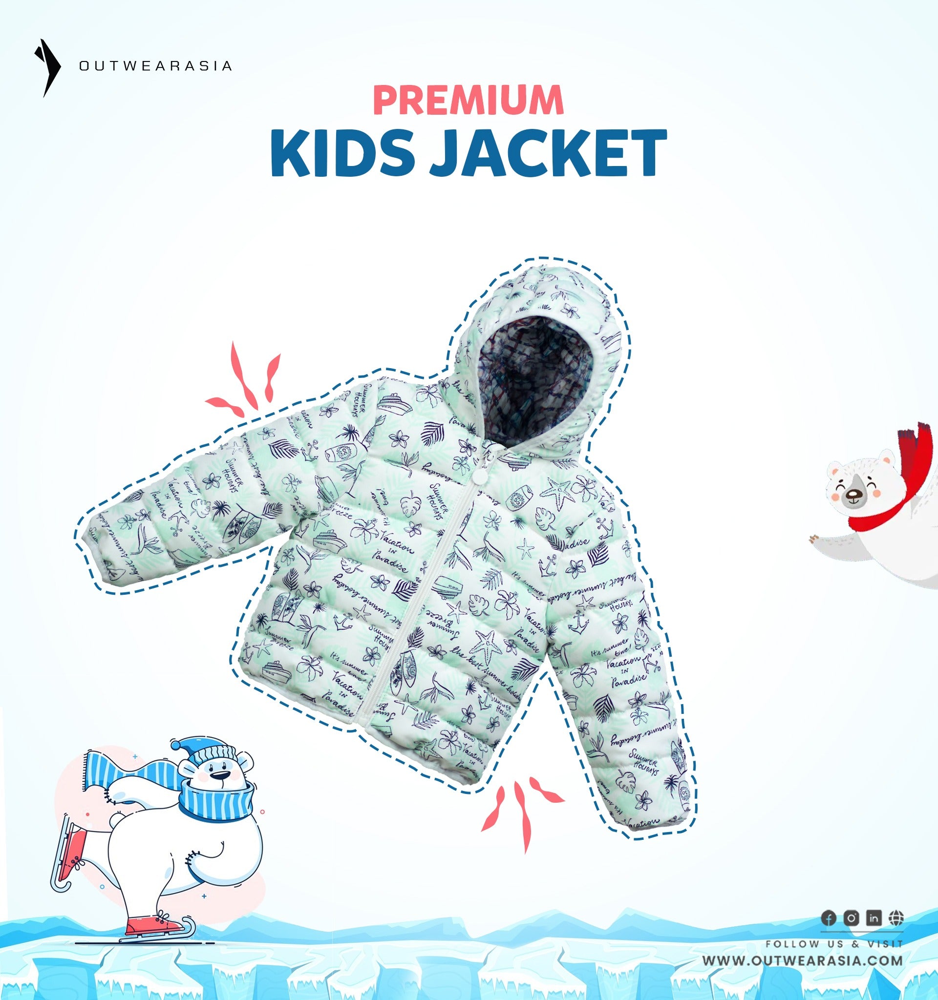 Kid's High Quality Premium Padding Jacket - Toddler White & Sky Blue Print